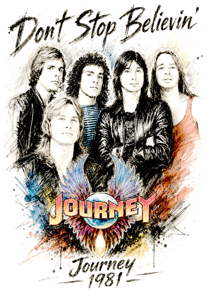 Sketch-style illustration of the rock band Journey featuring the 1981 tour aesthetic and band members